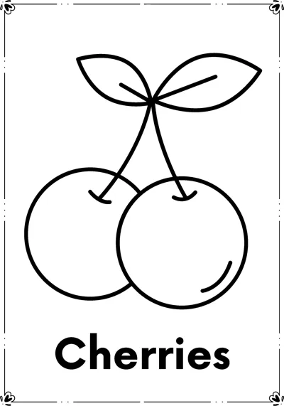 Two cherries joined by stems with two leaves above the word Cherries.