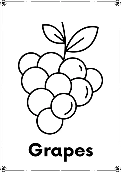 A small bunch of round grapes with two leaves above the word Grapes.