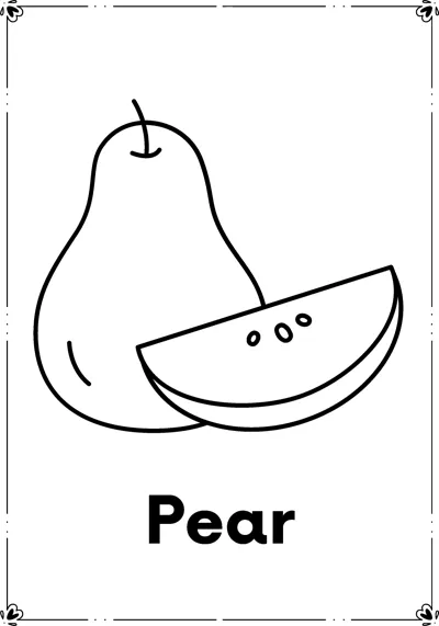 A whole pear beside a cut slice with seeds, above the word Pear.