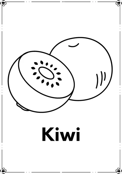 A whole kiwi beside a cut half showing seeds, above the word Kiwi.