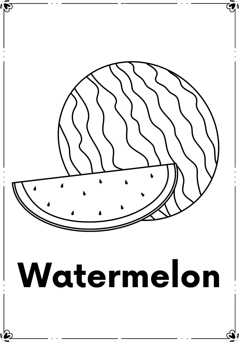 A whole striped watermelon beside a cut wedge with seeds, above the word Watermelon.