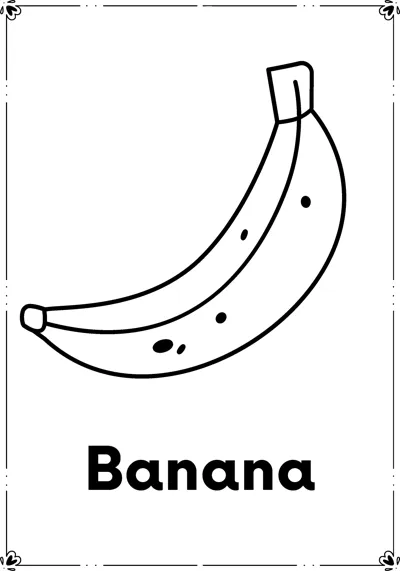 A single unpeeled banana with a few brown spots above the word Banana.