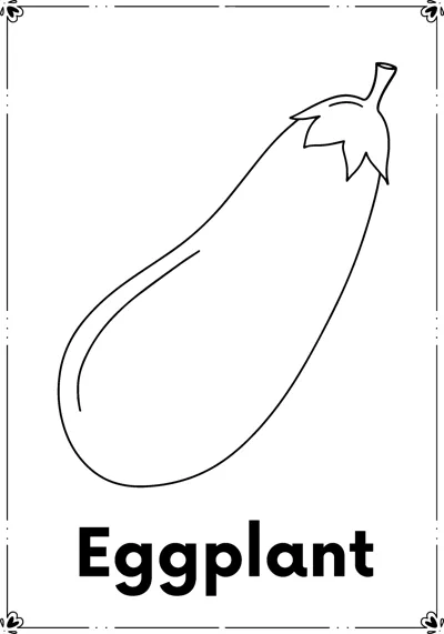A long eggplant with a leafy cap above the word Eggplant.