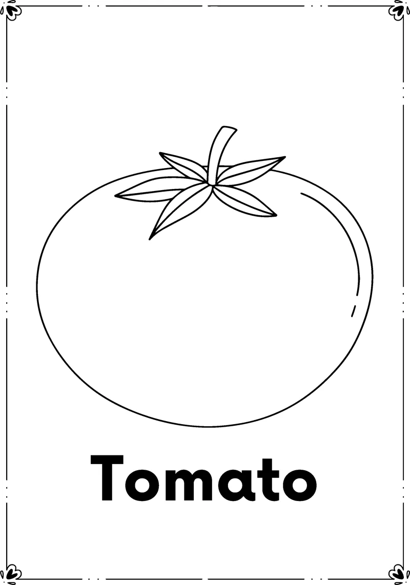 A round tomato with a leafy stem above the word Tomato.
