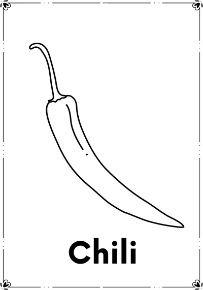 A long curved chili pepper with a stem above the word Chili.