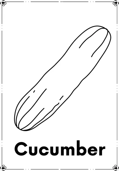A single long cucumber lying diagonally above the word Cucumber.