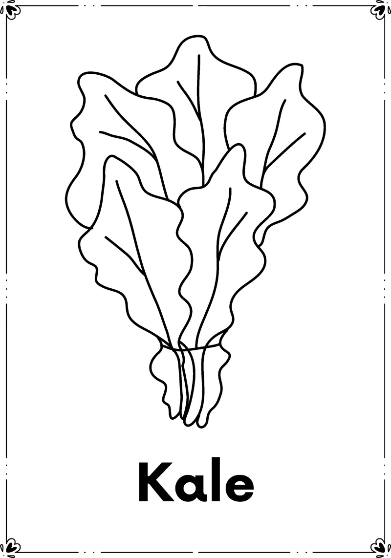A bunch of curly kale leaves tied at the stems above the word Kale.