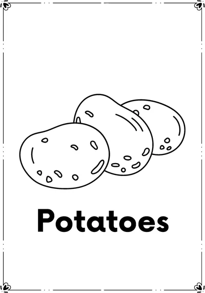 Three lumpy potatoes with eyes above the word Potatoes.