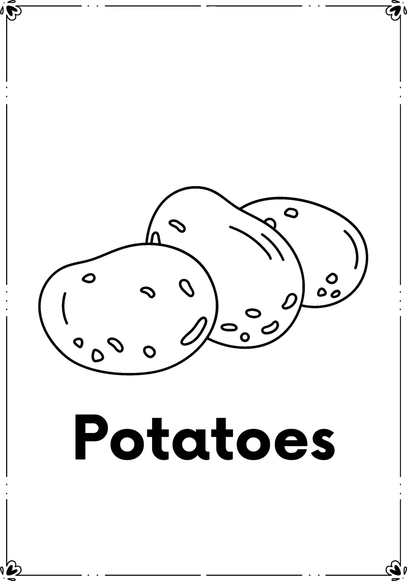 Three lumpy potatoes with eyes above the word Potatoes.