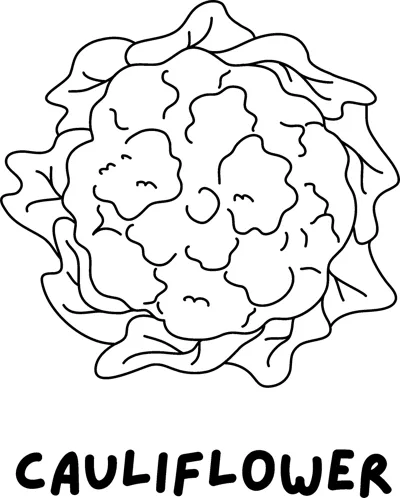 A cauliflower head wrapped in leaves above the word CAULIFLOWER in bold capitals.