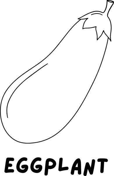 A long eggplant with a leafy cap above the word EGGPLANT in bold capitals.