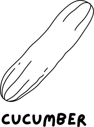 A long cucumber lying diagonally above the word CUCUMBER in bold capitals.