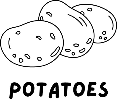 Three lumpy potatoes above the word POTATOES in bold capitals.
