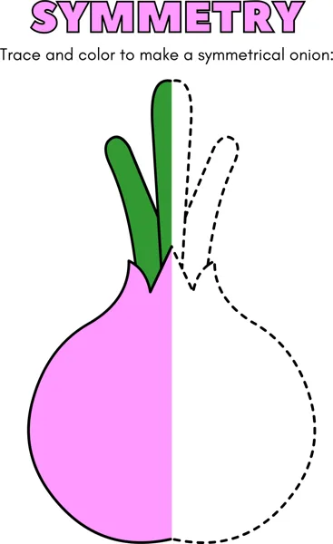 A half-coloured pink onion with a dotted outline of the other half to trace and complete.