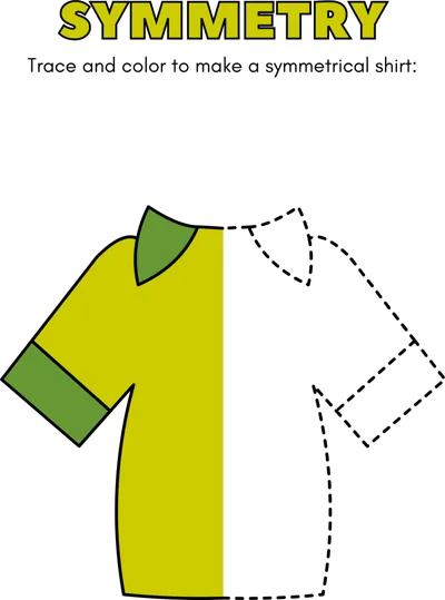 A half-coloured yellow shirt with a dotted outline of the other half to trace and complete.