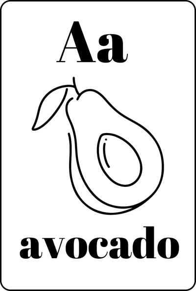 A halved avocado with its stone between the letters Aa and the word avocado.