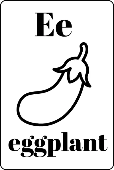 A simple eggplant with a leafy cap between the letters Ee and the word eggplant.