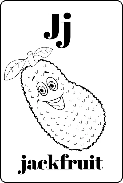 A bumpy jackfruit with a cartoon smiling face between the letters Jj and the word jackfruit.