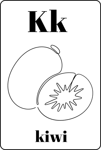 A whole kiwi and a cut half with seeds between the letters Kk and the word kiwi.