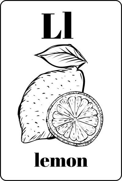 A whole lemon with a leaf beside a sliced half between the letters Ll and the word lemon.