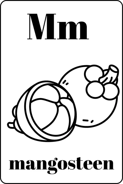 A whole mangosteen and an opened one showing segments between the letters Mm and the word mangosteen.