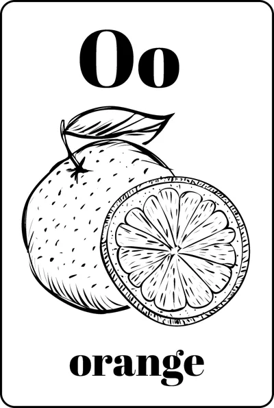 A whole orange with a leaf beside a cut half showing segments, between the letters Oo and the word orange.