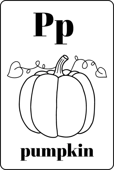 A ribbed pumpkin with curling vines between the letters Pp and the word pumpkin.