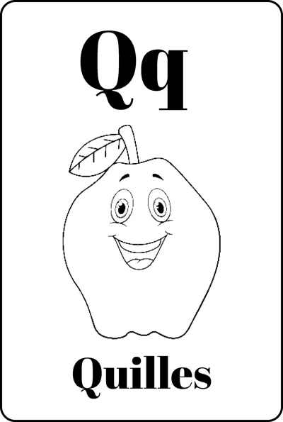 A quince fruit with a smiling cartoon face and leaf between the letters Qq and the word Quilles.