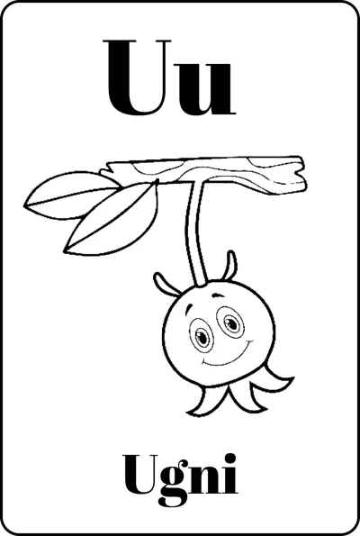 A small ugni berry with a cartoon face hangs from a leafy branch between the letters Uu and Ugni.