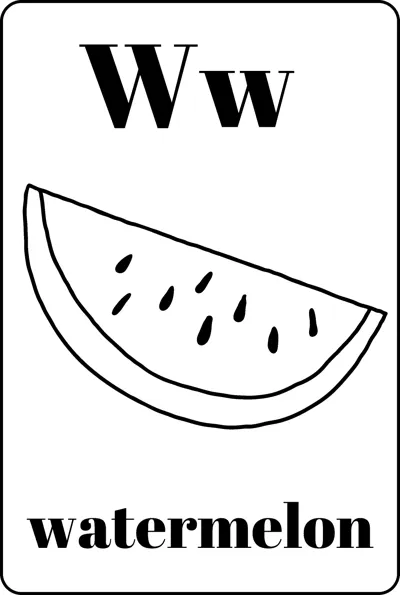 A watermelon wedge with seeds between the letters Ww and the word watermelon.