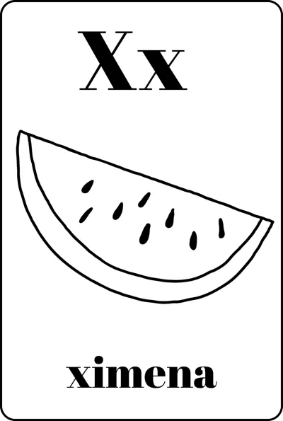 A watermelon-style wedge with seeds between the letters Xx and the word ximena.
