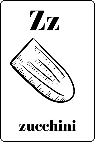 A cut piece of zucchini with striped skin between the letters Zz and the word zucchini.