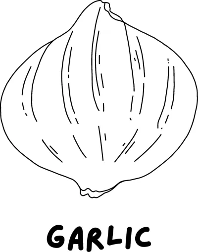 A whole garlic bulb with papery skin lines above the word GARLIC in bold capitals.