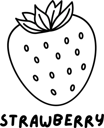 A big strawberry with seeds and a leafy top above the word STRAWBERRY in bold capitals.