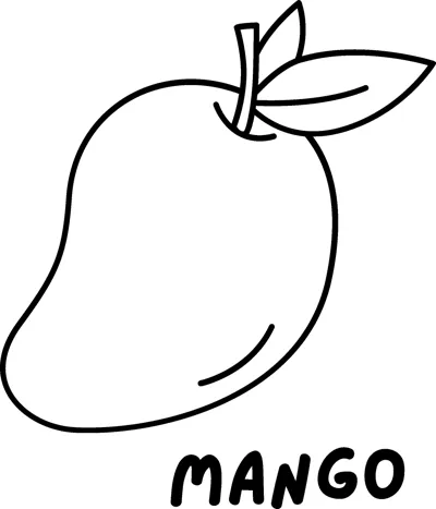 A whole mango with two leaves above the word MANGO in bold capitals.