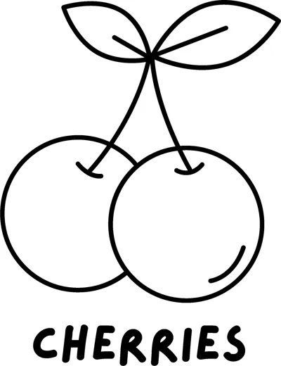 Two cherries on joined stems with leaves above the word CHERRIES in bold capitals.