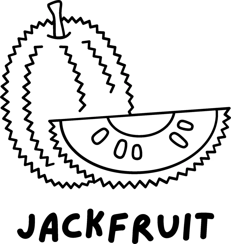 A spiky jackfruit beside a cut wedge with seeds, above the word JACKFRUIT in bold capitals.