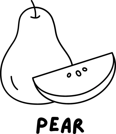 A whole pear beside a cut slice with seeds above the word PEAR in bold capitals.