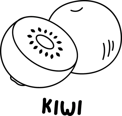 A whole kiwi beside a cut half with seeds above the word KIWI in bold capitals.