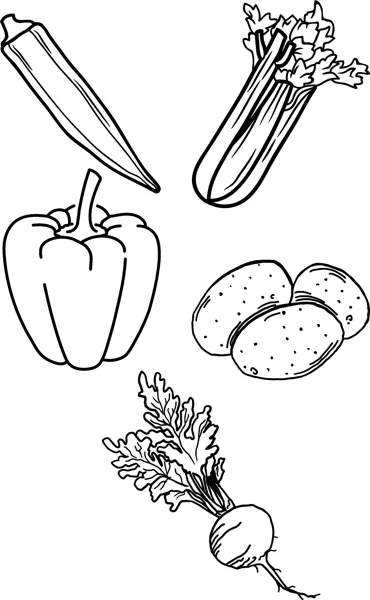 An okra pod, celery, a bell pepper, two potatoes and a beetroot with leaves on one page.