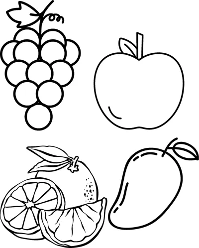 A bunch of grapes, an apple, a whole and sliced orange and a mango on one page.