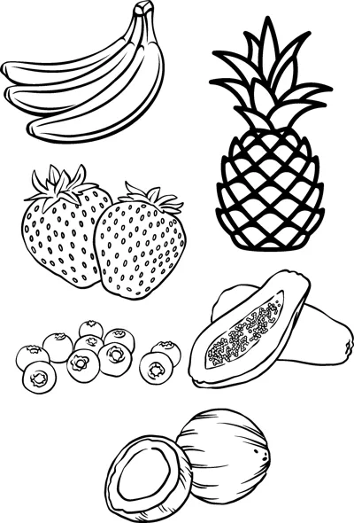 Bananas, a pineapple, strawberries, blueberries, a papaya half and a coconut on one page.
