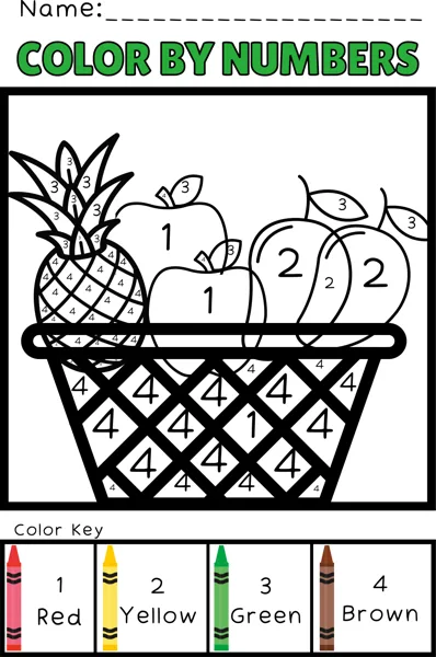 A basket of pineapple, apples and oranges with numbered areas and a four-colour key.