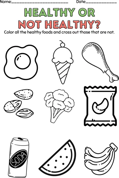 A worksheet with nine foods including an egg, ice cream, nuts, broccoli, soda and bananas to colour or cross out.