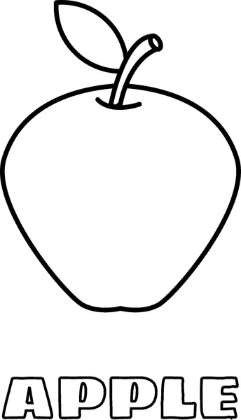 A large apple with a stem and leaf above the word APPLE in hollow outline letters.