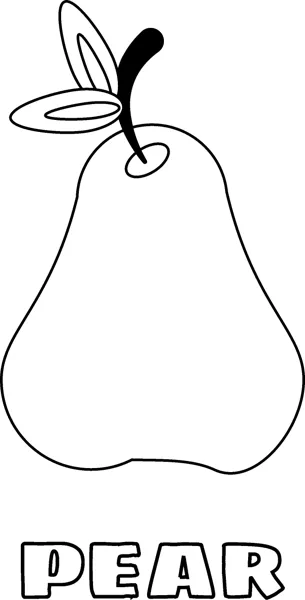 A large pear with a stem and leaf above the word PEAR in hollow outline letters.