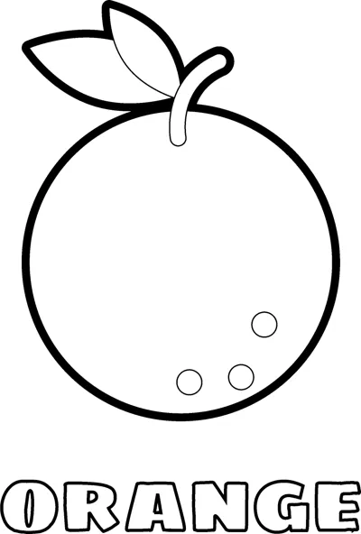 A large round orange with a leaf above the word ORANGE in hollow outline letters.