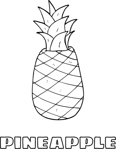 A large pineapple with a crosshatch skin and spiky leaves above the word PINEAPPLE in hollow letters.