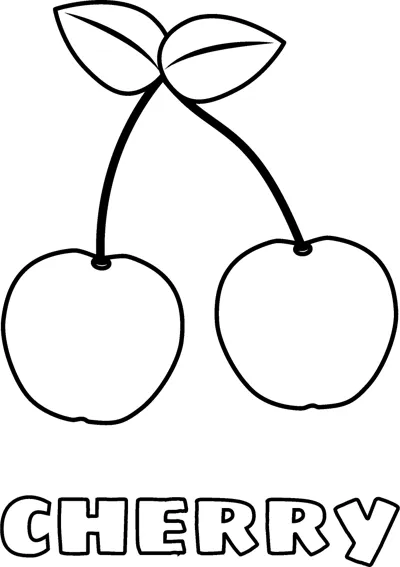 Two cherries on joined stems with leaves above the word CHERRY in hollow letters.