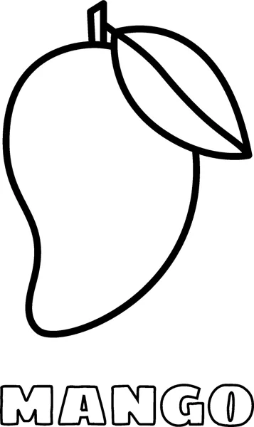 A large mango with a stem and leaf above the word MANGO in hollow letters.
